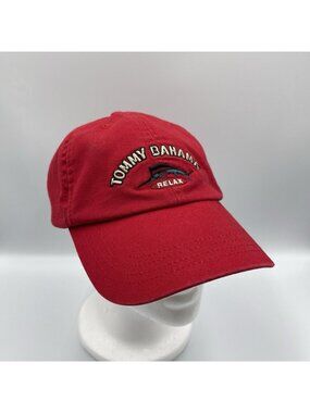 Tommy Bahama Relax Red Hat Cotton Adjustable Strapback Cap w/ Hidden Drink List